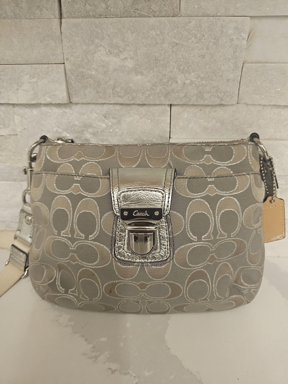 Coach Silver Signature Jacquard Crossbody Bag